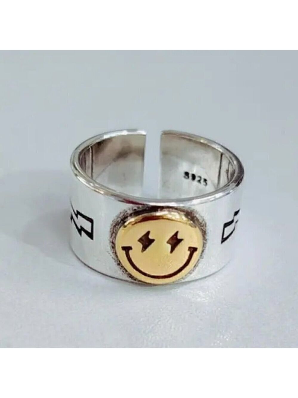 925 Sterling Smiley Face Boho Ring (Gold Face) #1318